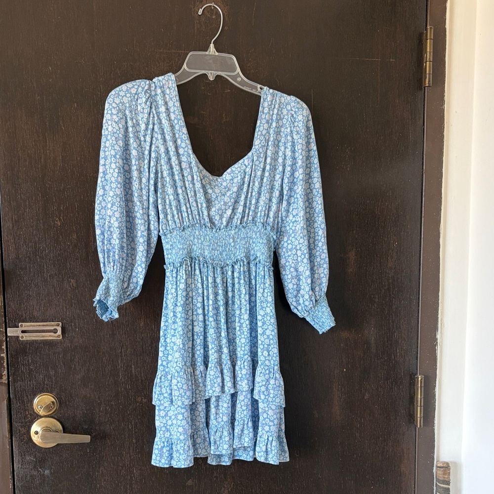 Angie B5584 Blue floral print long sleeve mini dress NWT